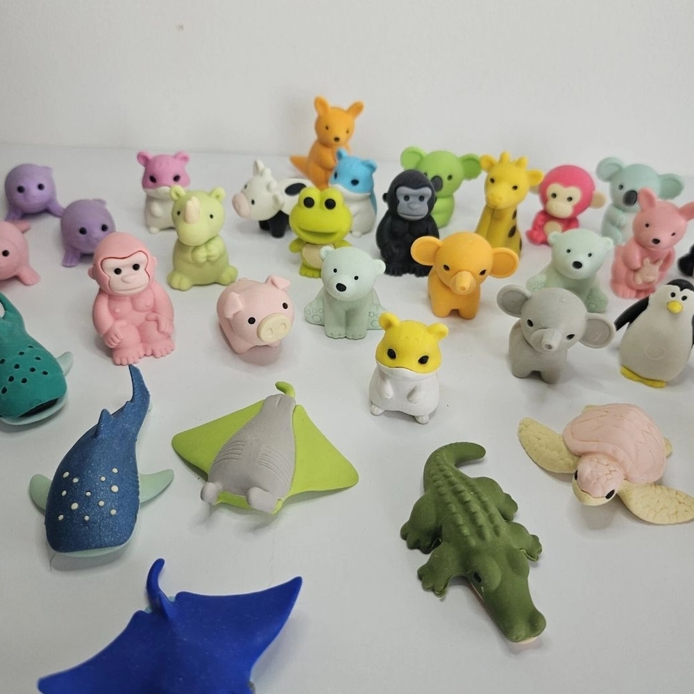 IWAKO Japanese Lot Of 39 Pencil Puzzle Erasers Manekineko Cat Safari Sea Monkey